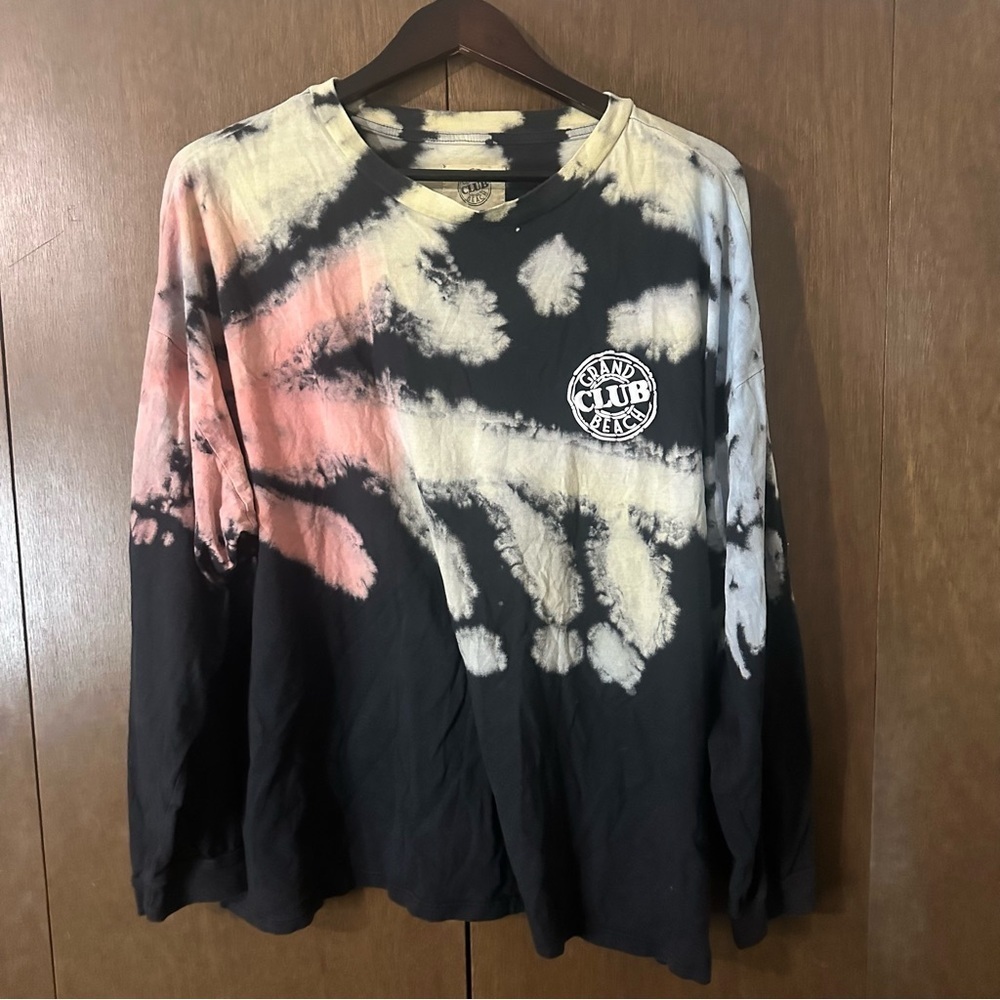 Grand Beach Club Black Long Sleeve Tee Yellow Red Blue Tie Dye Size XL Retro - Picture 2 of 9